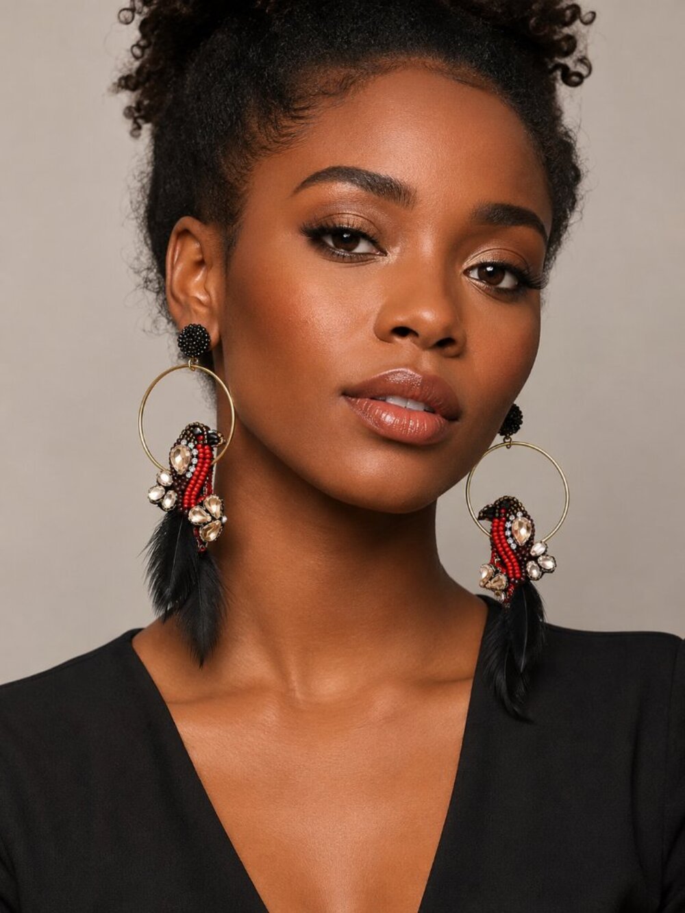 Parrot on a Perch Austrian Crystal Beaded Feather Hoop Earrings